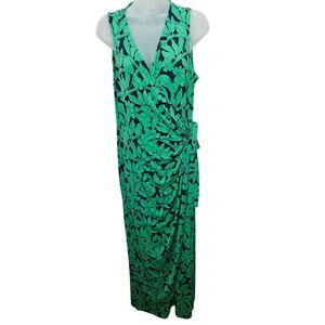London Times Green Navy Floral Print Wrap Maxi Dress Womens 14 Sleeveless V Neck